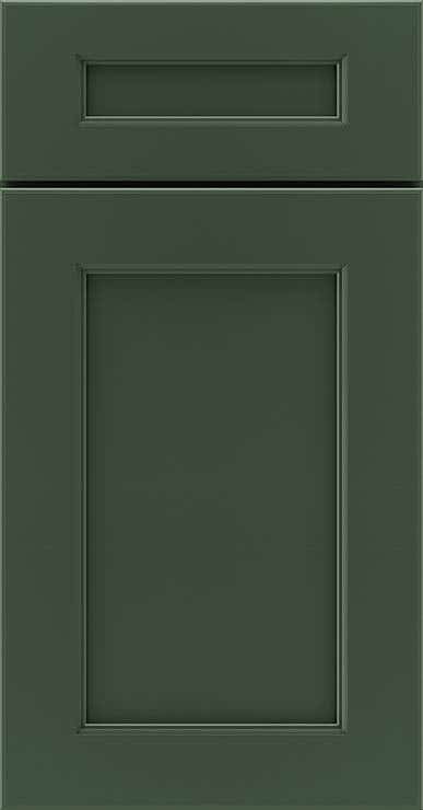 Recessed door style with 5-piece drawer front in a rich Pine green paint