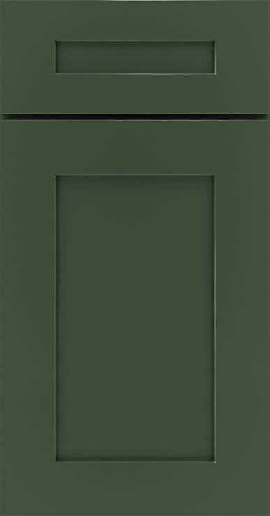 Shaker door style with 5-piece drawer front in a rich forest green paint