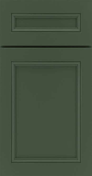 Flat panel cabinet door style with 5-piece drawer front in a rich forest green paint, called Pine