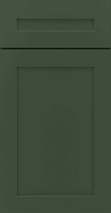 Shaker door style with 5-piece drawer front in a rich forest green paint