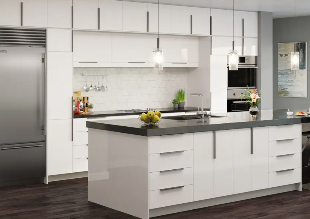 High-gloss white slab frameless kitchen cabinets