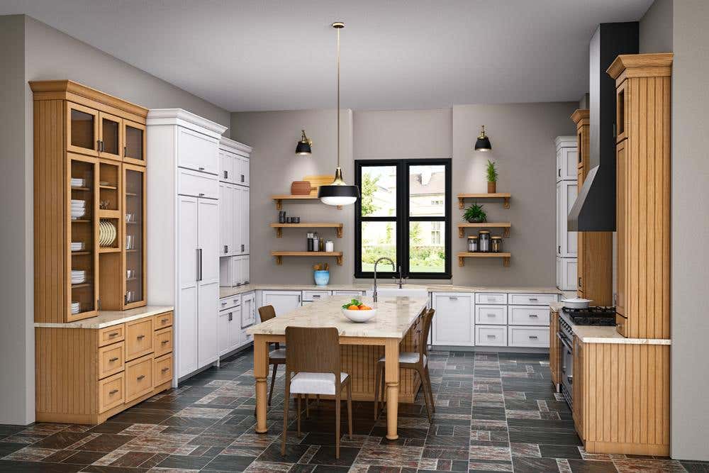 Large shaker white and light wood chef's kitchen with furniture-style island and dark espresso accents Large shaker white and light wood chef's kitchen with furniture-style island and dark espresso accents