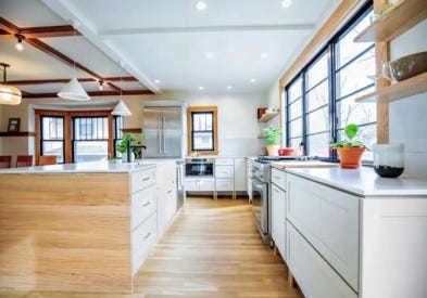 Contemporary minimal white shaker kitchen cabinets with large island and light maple wood finishes