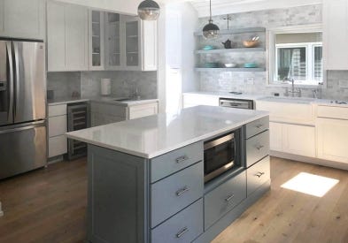 White Kitchen With Gray and Blue Gray Accents