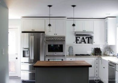 White shaker kitchen cabinets with stainless steel appliances