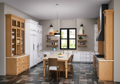 Custom shaker kitchen in CliqStudios Harrison Maple Sandalwood, and Berkeley Dry-brushed Cottage White kitchen cabinets