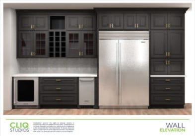 CliqStudios design packet rendering of black kitchen cabinets