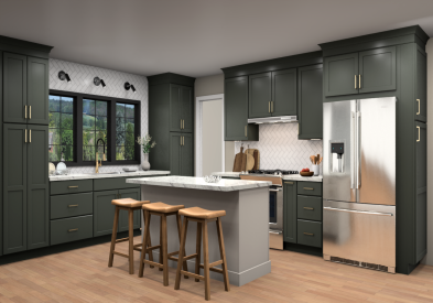 Large kitchen with green cabinets and white island with white subway tile, golde hardware, and modern black lighting accents