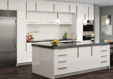 High-gloss white slab kitchen cabinets