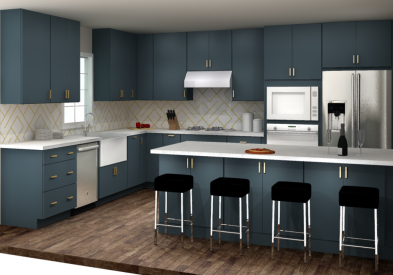 Indigo blue L-shaped kitchen and island with gold hardware and white countertops