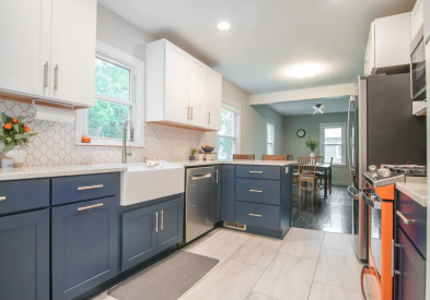 White and Navy Blue shaker kitchen cabinets with a bright orange range