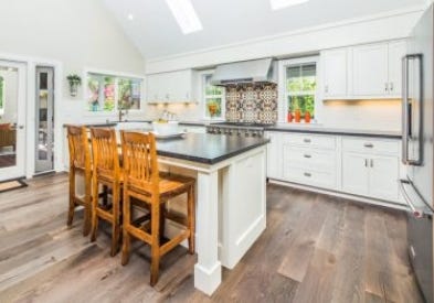 Large White Kitchen with Island and Tile Backsplash