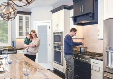 Tessa simply nailed it on the design,” homeowner Steve says, adjusting colors to match the walls & flooring, blending white and dark cabinets beautifully.