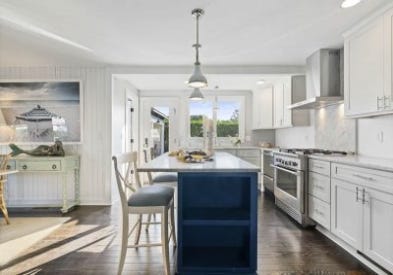 Coastal White Kitchen with Blue Island