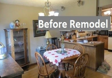 photo of 1970s kitchen and dining room with oak cabinets, maple dinette and peek thru peninsula, overlaid with words Before Remodel