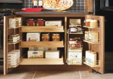 Base pantry cabinet with roll-out trays, shelves, and racks