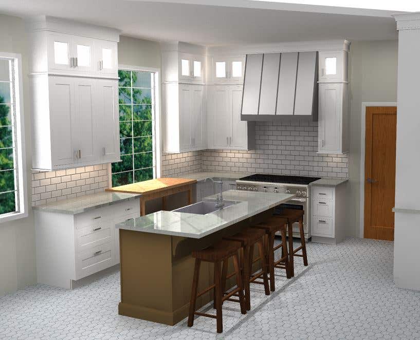 CliqStudios design packet rendering of a white shaker inset kitchen design with an olive-green island and marble countertops.