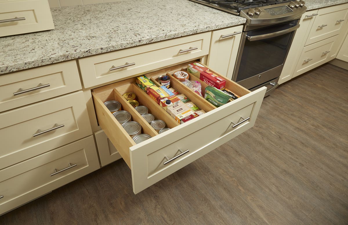 Multi-storage kitchen storage drawers with granite countertops