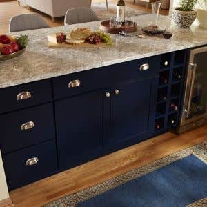 Wine storage cubes in a navy blue shaker beverage bar