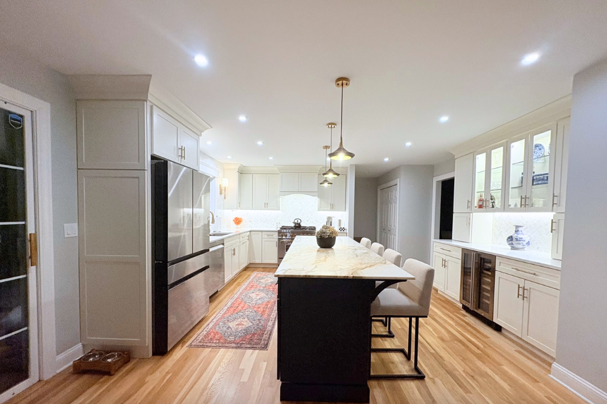 Entertainer's Kitchen With Eclectic White & Blue Kitchen Design