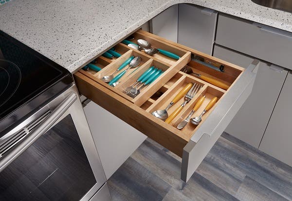two-tier cutlery drawer open in gray slab door cabinets two-tier cutlery drawer open in gray slab door cabinets