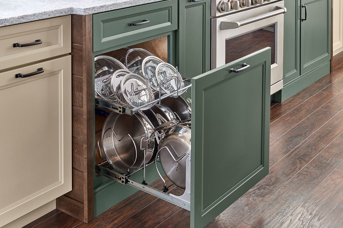 Craftsman pull out pots and pans storage cabinet in Eucalyptus classic paint Craftsman pull out pots and pans storage cabinet in Eucalyptus classic paint
