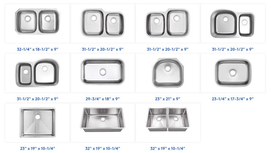 Stainless steel kitchen sinks in double-bowl and single-bowl configurations Stainless steel kitchen sinks in double-bowl and single-bowl configurations
