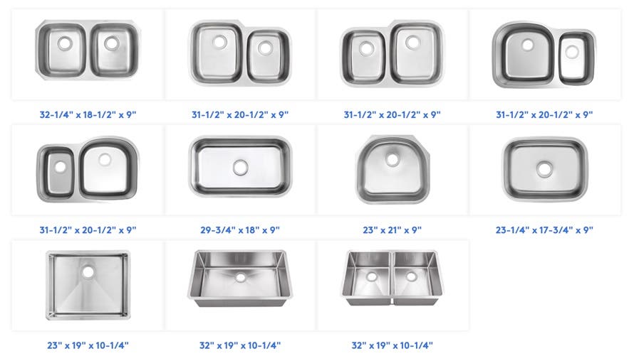 Stainless steel kitchen sinks in double-bowl and single-bowl configurations