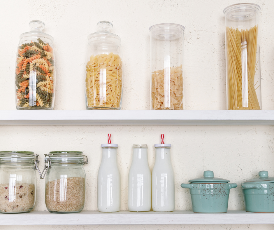 pantry decanters and jars filled with dry foods