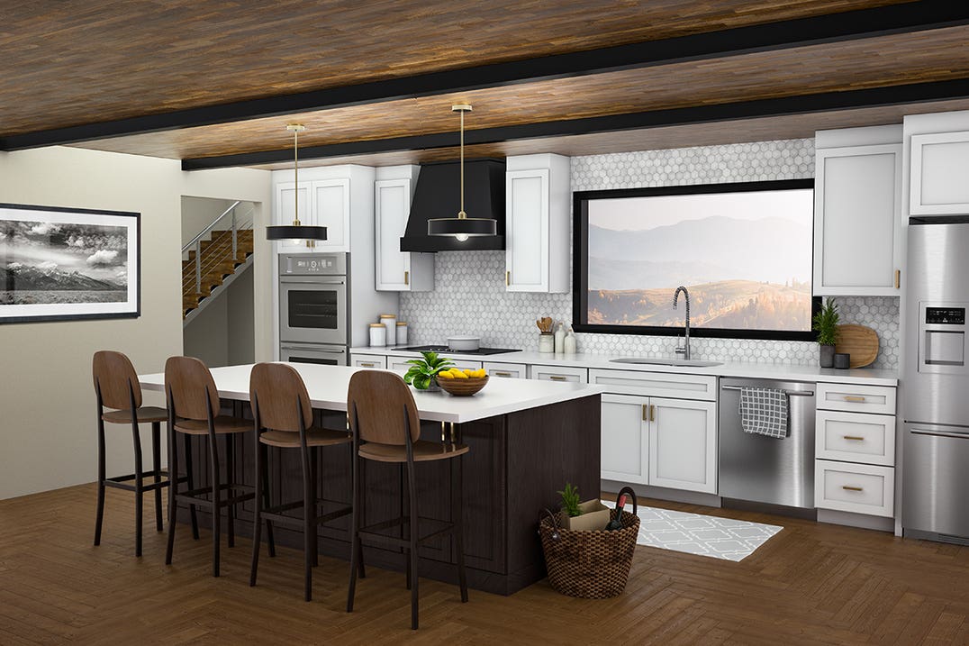 One-wall white shaker kitchen with dark espresso stained island with dark accents and gold hardware One-wall white shaker kitchen with dark espresso stained island with dark accents and gold hardware