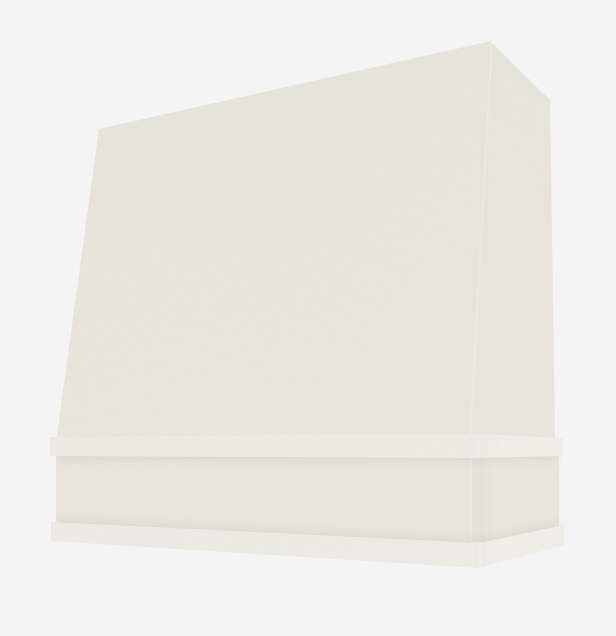 Angled wood range hood in light cream paint