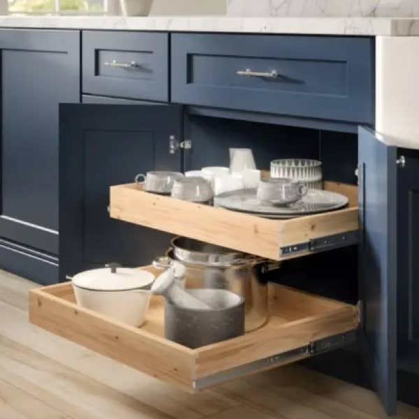 Roll-out tray base cabinet Blue shaker roll-out tray base cabinet