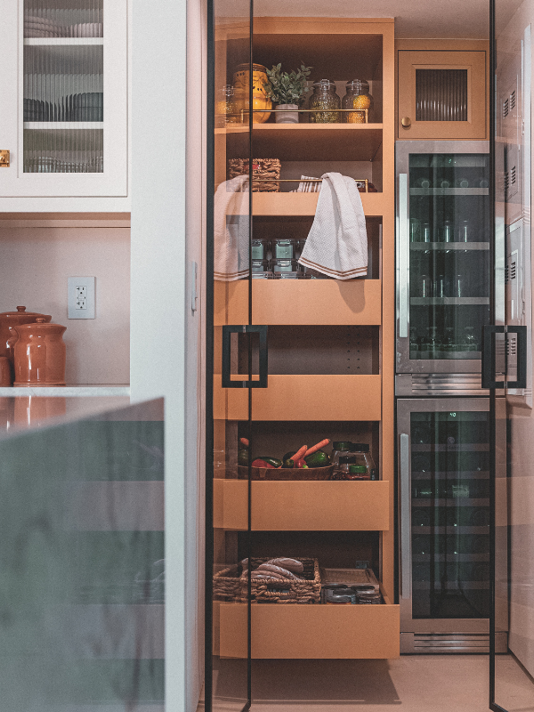 Kitchen pantry cabinets in yellow inset kitchen cabinets with reeded glass and natural stone countertop Kitchen pantry cabinets in yellow inset kitchen cabinets with reeded glass and natural stone countertop