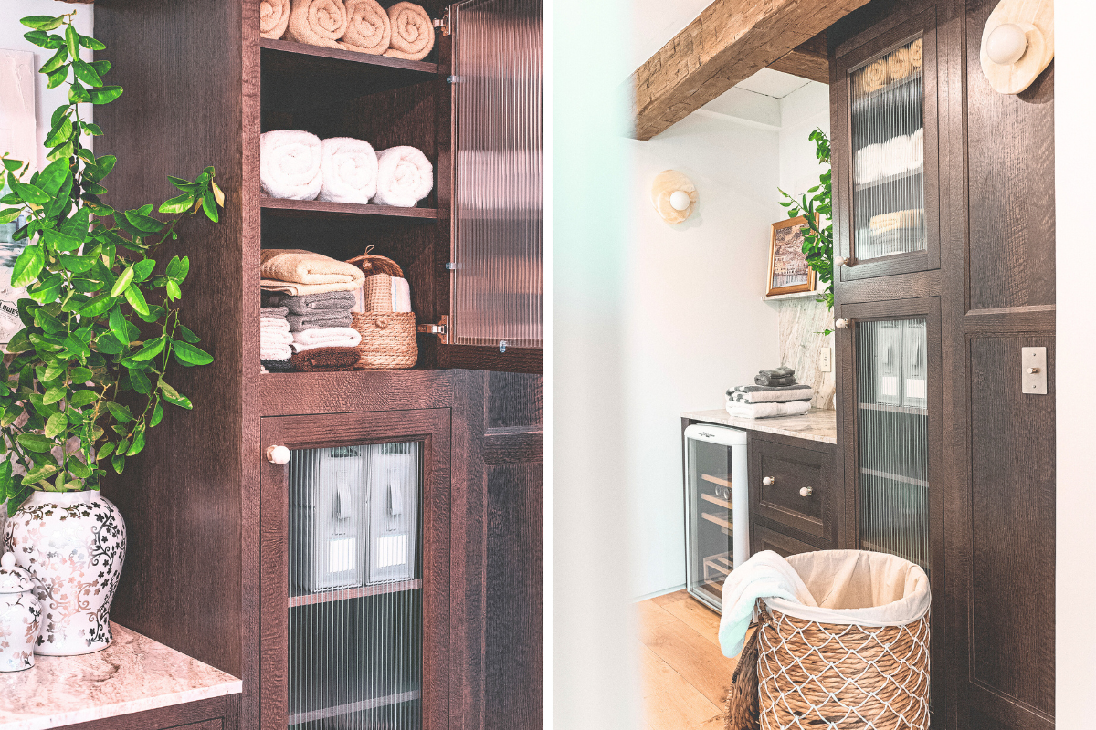 Dark brown oak inset hallway cabinets with reeded glass and a beverage cooler Dark brown oak inset hallway cabinets with reeded glass and a beverage cooler