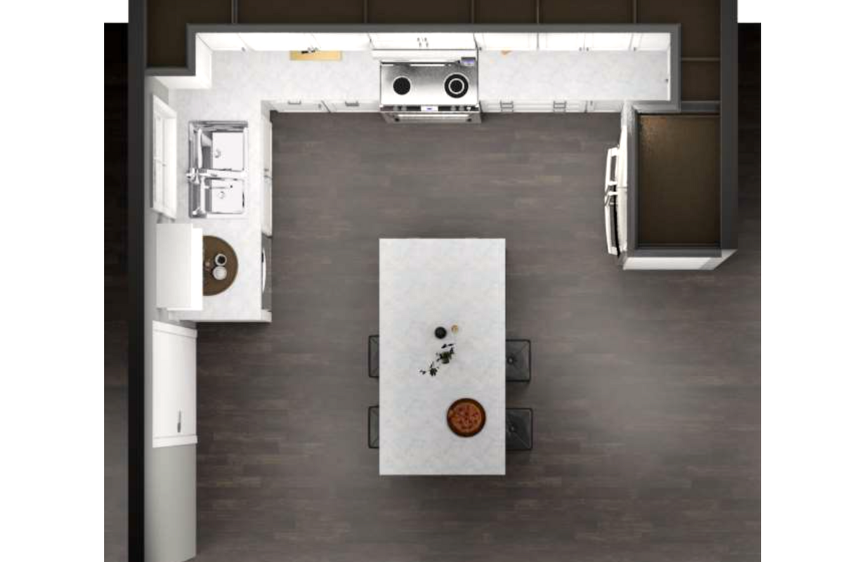 CliqStudios design packet rendering- floor plan view of L-shaped white shaker kitchen with an indigo blue island and white countertops CliqStudios design packet rendering- floor plan view of L-shaped white shaker kitchen with an indigo blue island and white countertops