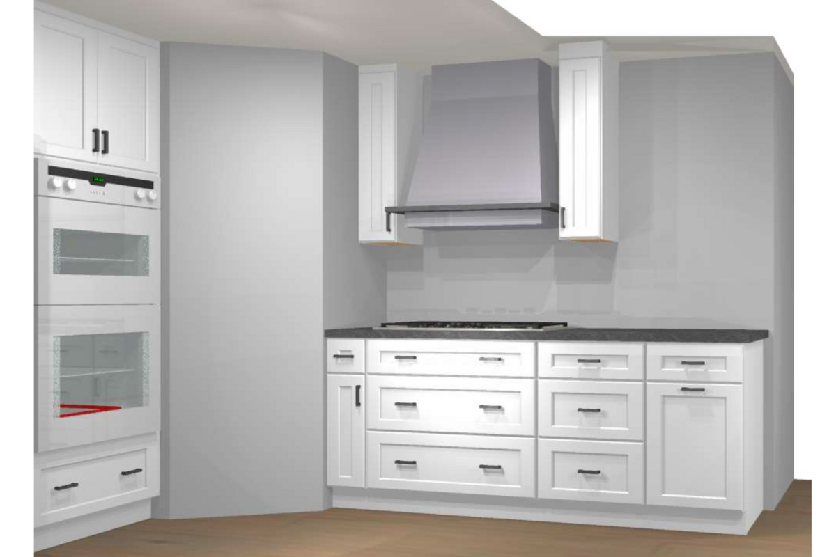 CliqStudios Design Packet Rendering with an L-shaped white shaker farmhouse kitchen design and large island CliqStudios Design Packet Rendering with an L-shaped white shaker farmhouse kitchen design and large island