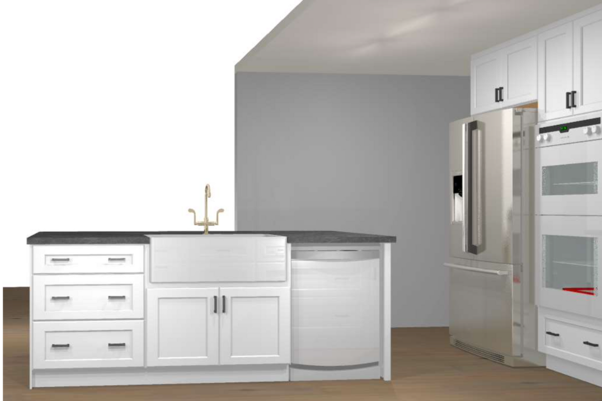CliqStudios Design Packet Rendering with an L-shaped white shaker farmhouse kitchen design and large island CliqStudios Design Packet Rendering with an L-shaped white shaker farmhouse kitchen design and large island