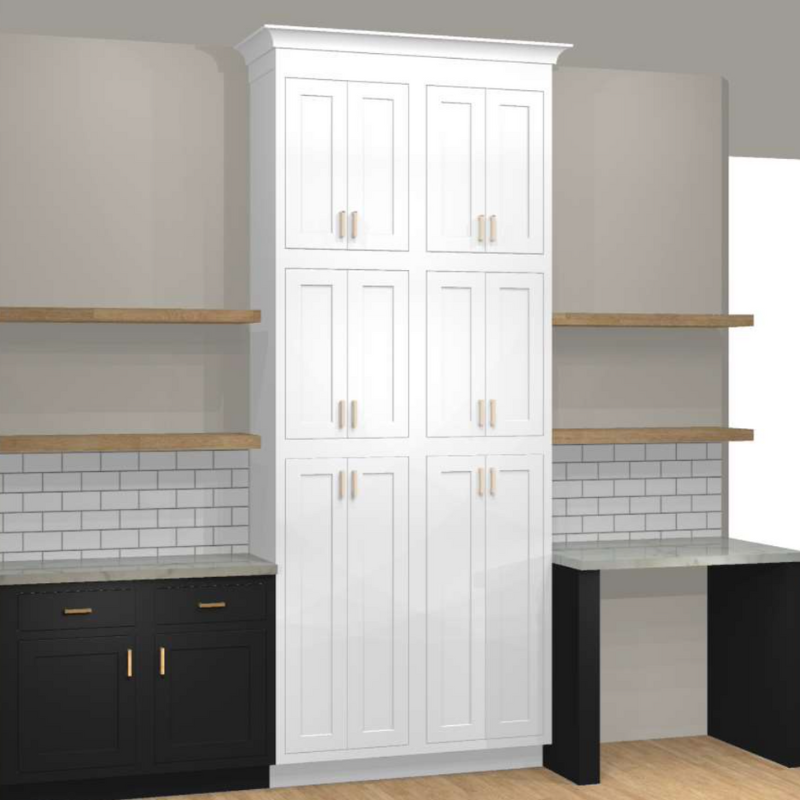 CliqStudios Design Packet Rendering of a white inset pantry wall with black base cabinets on one side for a coffee bar and built-in desk on the other side