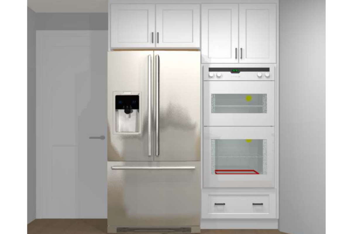 CliqStudios Design Packet Rendering with an L-shaped white shaker farmhouse kitchen design and large island CliqStudios Design Packet Rendering with an L-shaped white shaker farmhouse kitchen design and large island