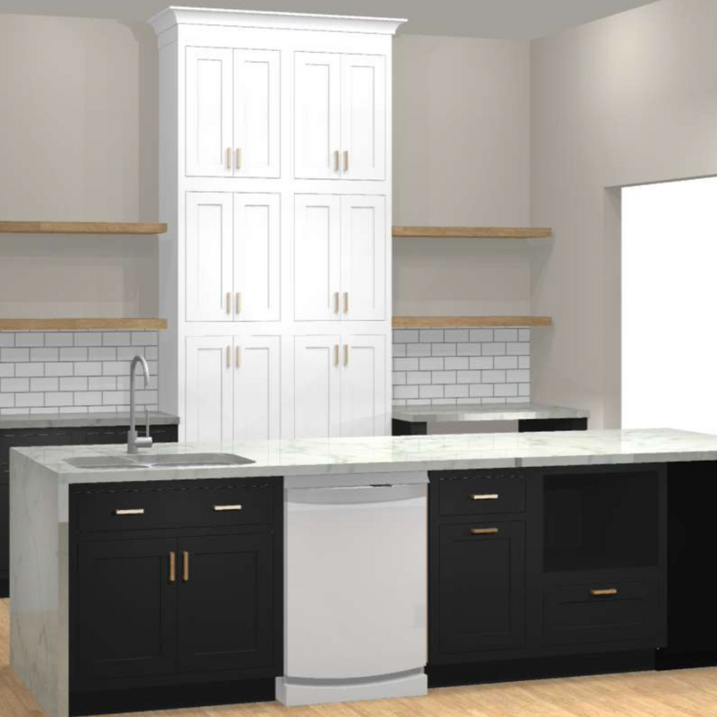 CliqStudios Design Packet Rendering of the inset black island with waterfall countertops and the pantry wall behind