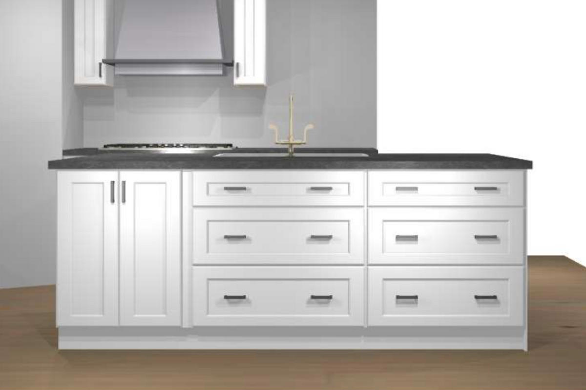 CliqStudios Design Packet Rendering with an L-shaped white shaker farmhouse kitchen design and large island CliqStudios Design Packet Rendering with an L-shaped white shaker farmhouse kitchen design and large island