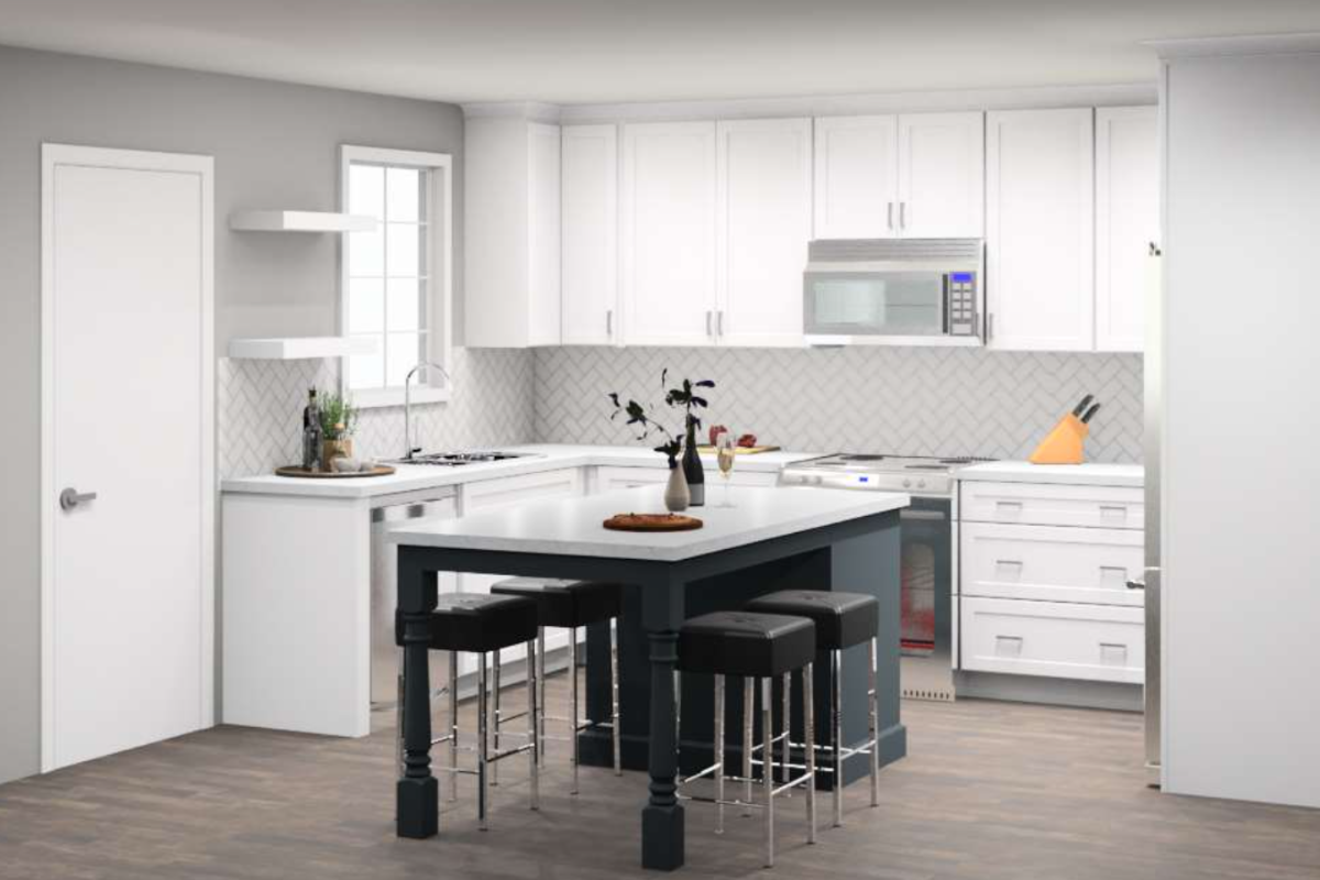 CliqStudios design packet rendering of an L-shaped white shaker kitchen with two floating shelves, white quartz countertops, and a blue island with seating