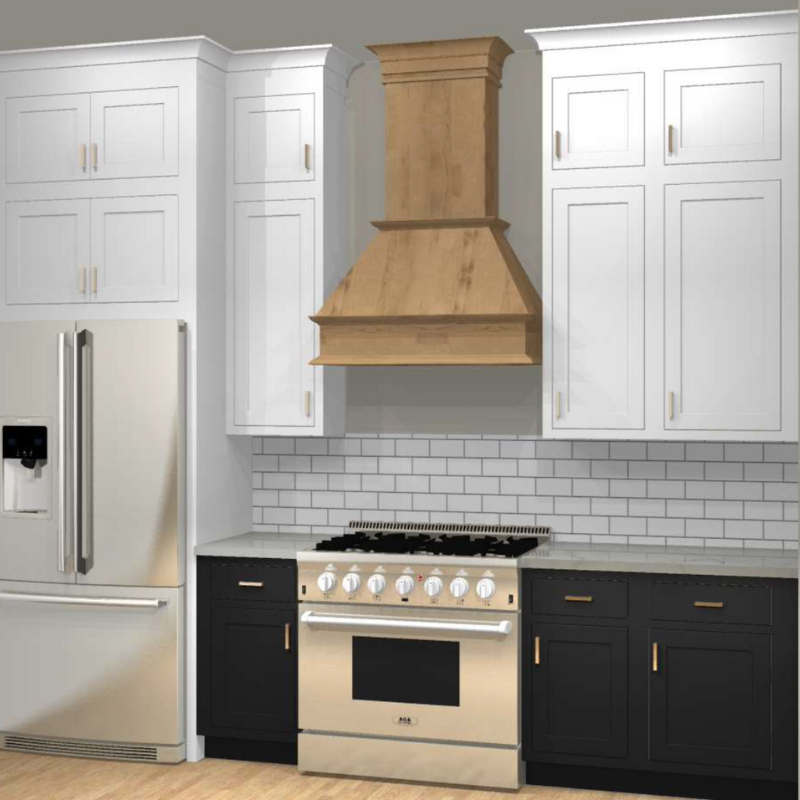 CliqStudios Design Packet Rendering of the range wall with inset stacked white wall cabinets and black base cabinets with a wood hood CliqStudios Design Packet Rendering of the range wall with inset stacked white wall cabinets and black base cabinets with a wood hood