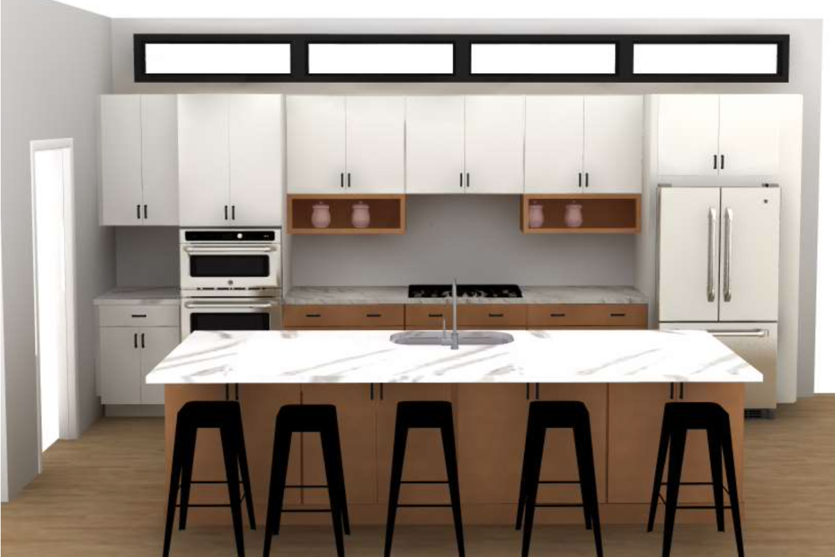 Cliqstudios design packet rendering of a mid-century modern kitchen with white slab cabinets a wood island and warm wood accents