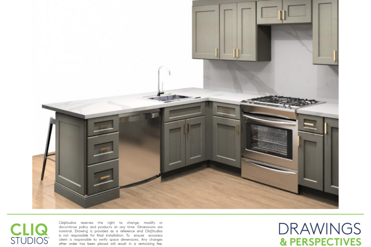 CliqStudios design packet rendering of a light gray shaker U-shaped kitchen CliqStudios design packet rendering of a light gray shaker U-shaped kitchen