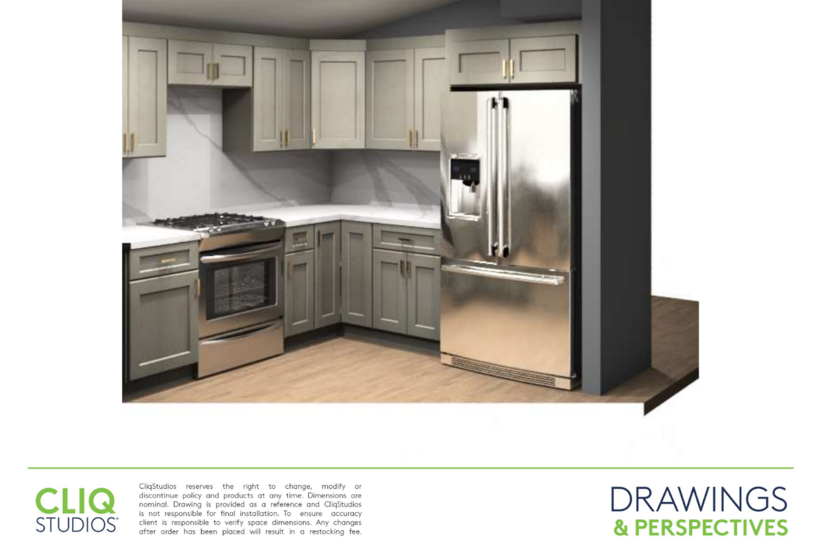 CliqStudios design packet rendering of a light gray shaker U-shaped kitchen CliqStudios design packet rendering of a light gray shaker U-shaped kitchen