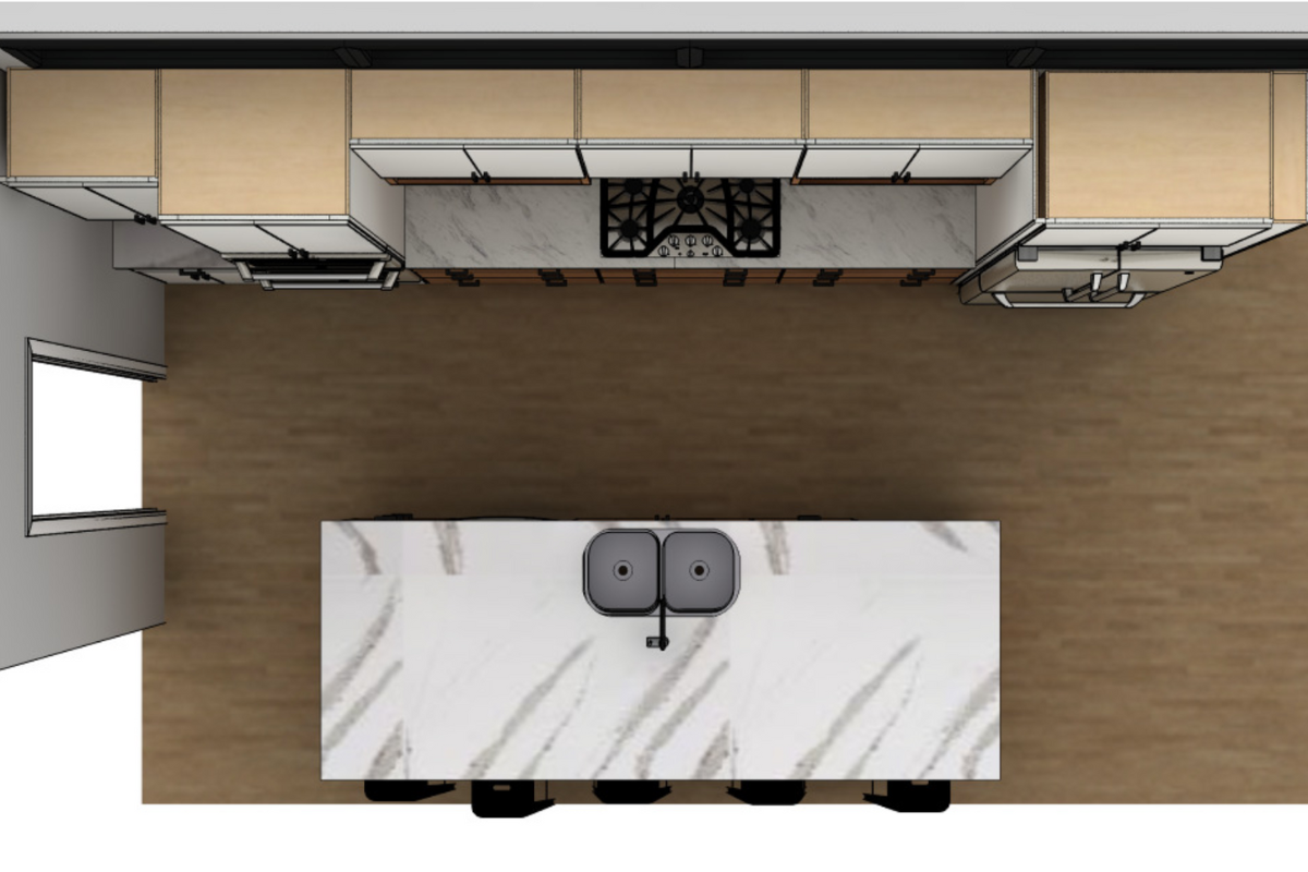CliqStudios design packet rendering of a mid-century modern kitchen top-down floor plan view CliqStudios design packet rendering of a mid-century modern kitchen top-down floor plan view