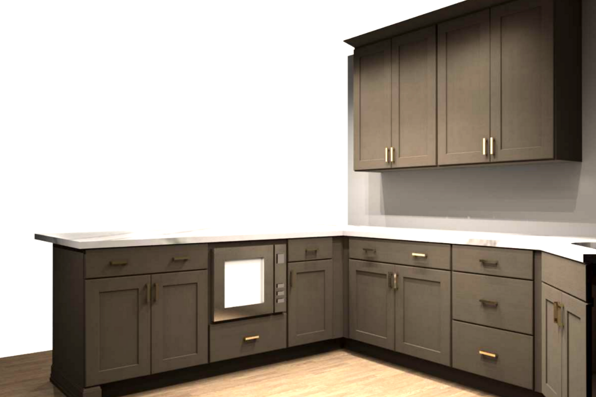 Dark ash-brown stained kitchen cabinets in shaker style with a peninsula and white quartz countertop Dark ash-brown stained kitchen cabinets in shaker style with a peninsula and white quartz countertop