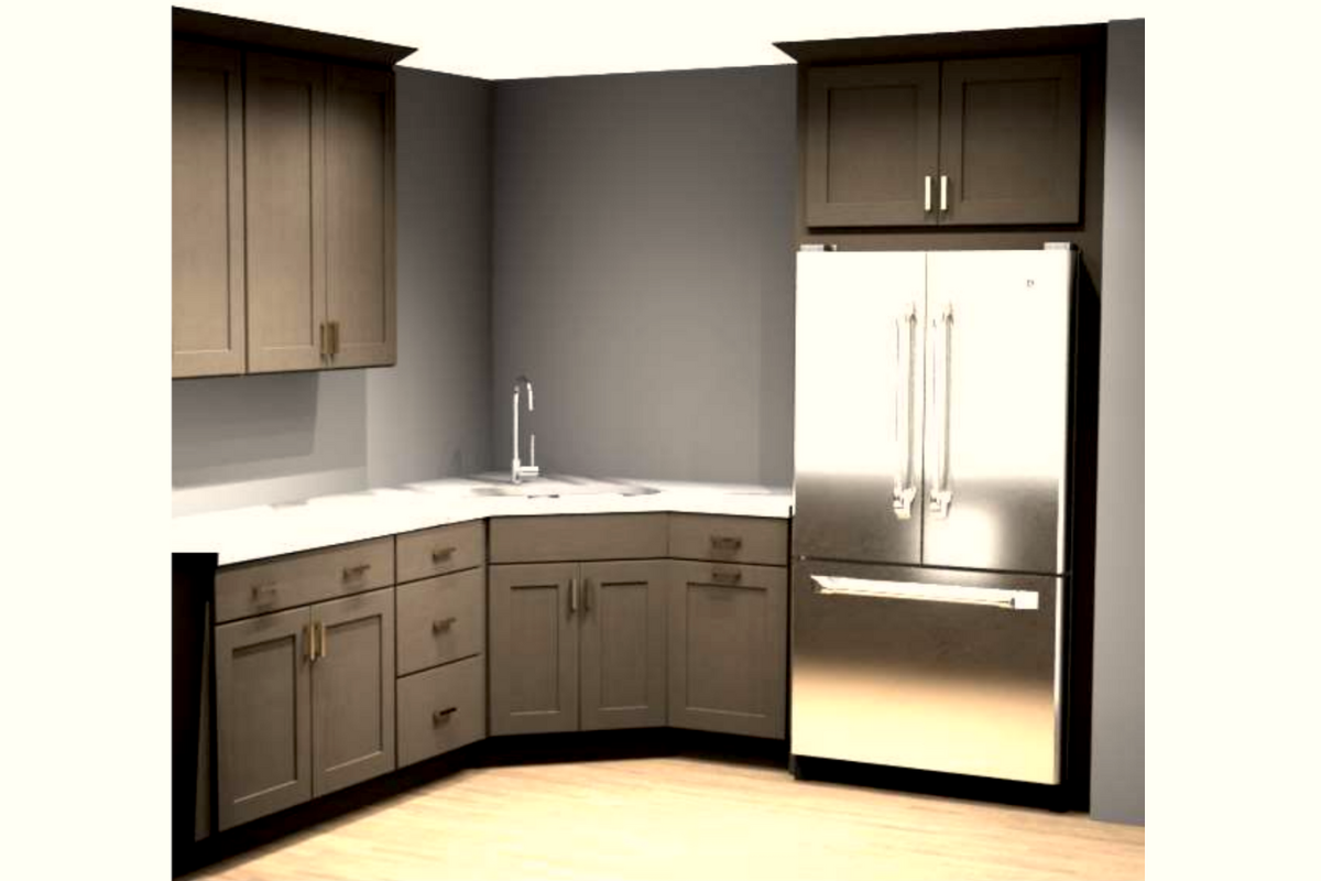 Dark ash-brown shaker kitchen cabinets with built-in refrigerator, cove crown molding and a TV over the sink. Dark ash-brown shaker kitchen cabinets with built-in refrigerator, cove crown molding and a TV over the sink.
