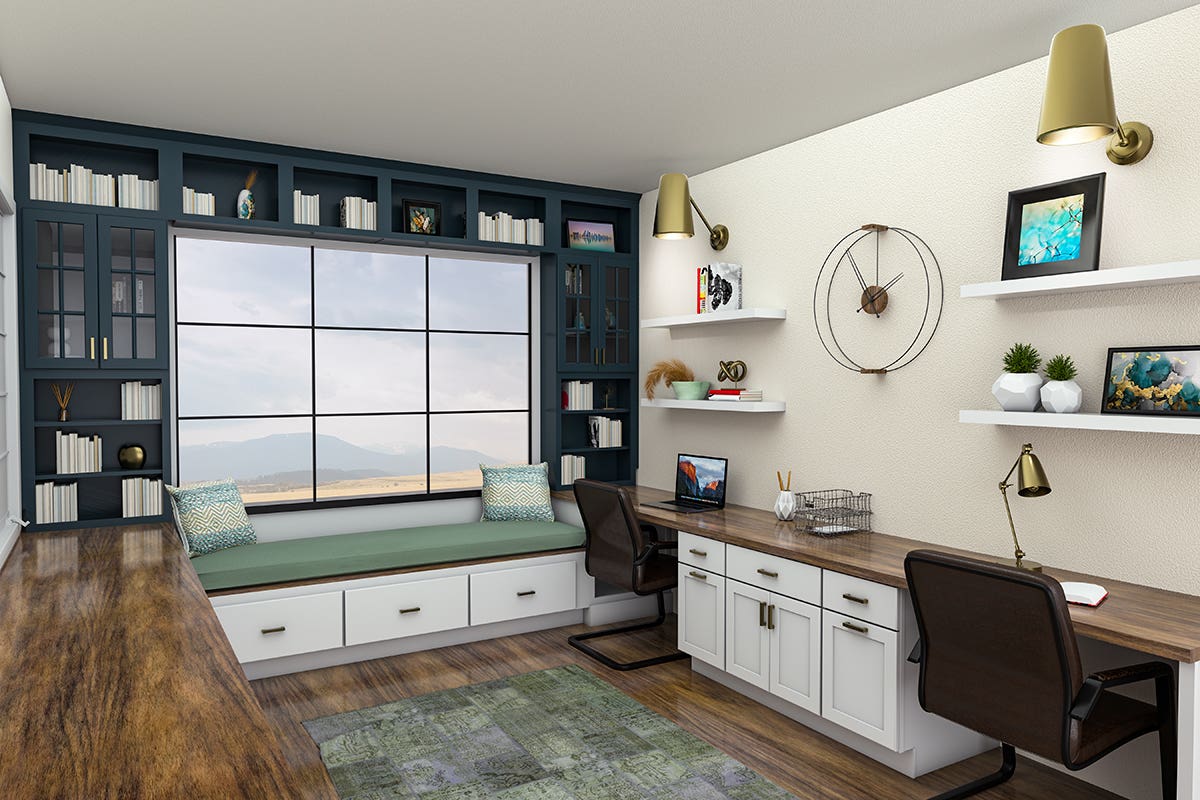 Spacious home office with painted white base cabinetry, natural wood top, and indigo blue open bookcase cabinets